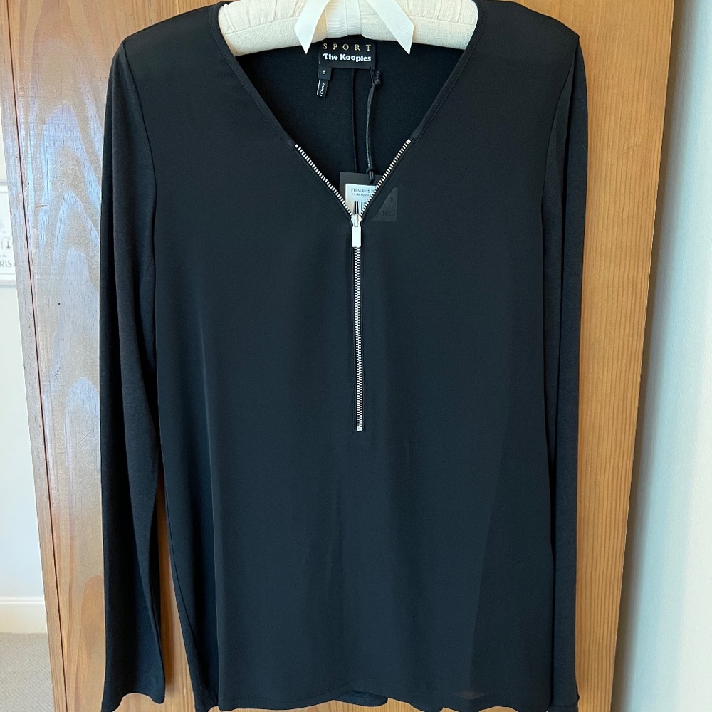 The Kooples Sport Mix Woven Jersey Zip Front Long Sleeve Top, S, NWT